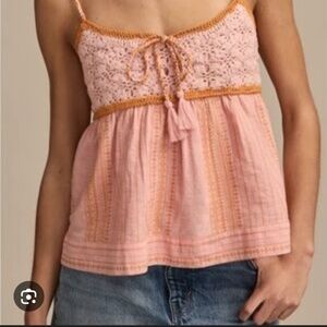 Lucky Brand Pink Crochet Trim Camisole with Tan Accent